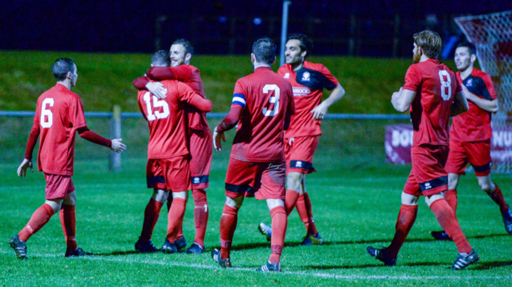 Michael Death celebrates his second goal of the game for Hassocks against Arundel