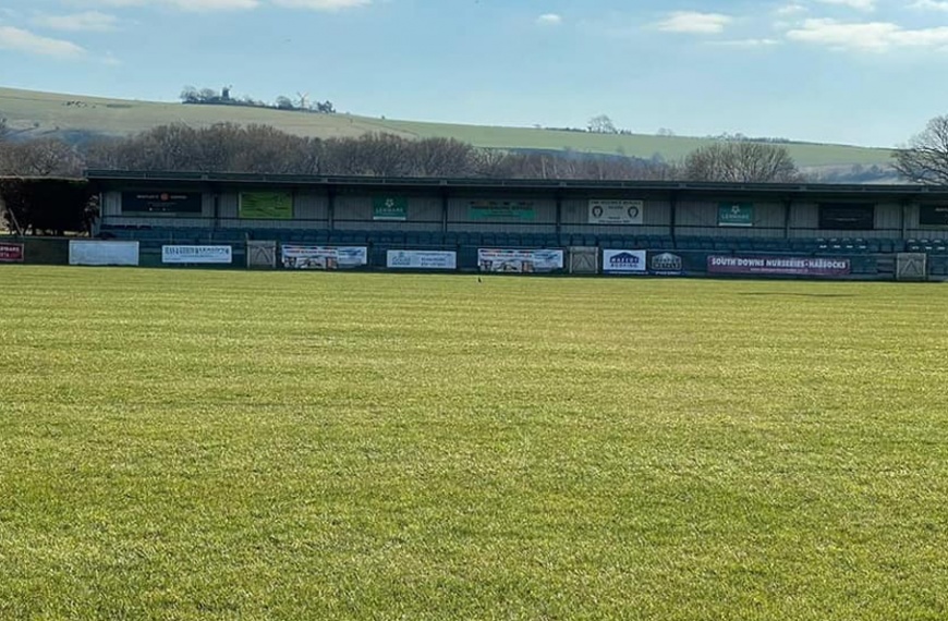 The Beacon, home of Hassocks FC with Jack and Jill windmills in the background