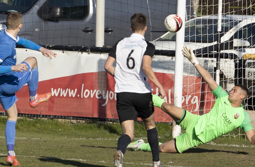 Josh Short scores for Hassocks in their 1-0 win at Pagham in March 2022