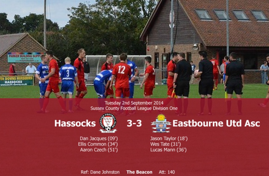 10 man Hassocks produced a magnificent result to draw 3-3 with Sussex County Division One table toppers Eastbourne United who were yet to join a point all season