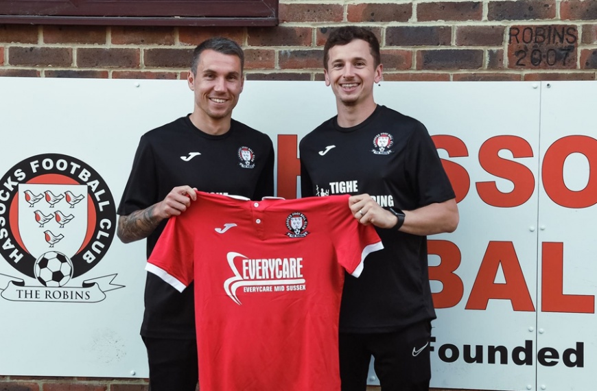 Hassocks head coach James Westlake with new signing Mike Williamson after completing the capture of the former Lancing midfielder