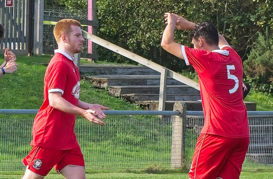 Joe Bull and Arthur Rawlingson celebrate the Hassocks goal in the FA Vase game against Beckenham Town