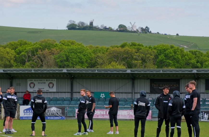 Hassocks players on the pitch at the Beacon ahead of their RUR Cup semi final against Littlehampton Town