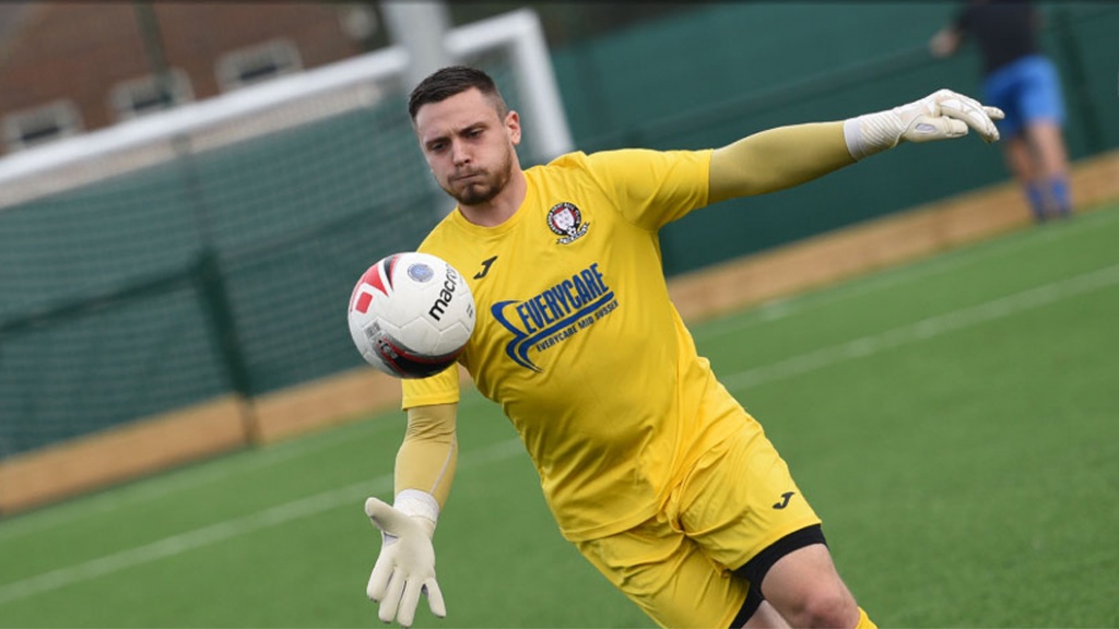 Hassocks goalkeeper Alex Harris playing against Newhaven
