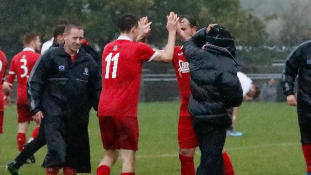 Jack Troak and Will Broomfield celebrate a 2-0 win for Hassocks against Bexhill United