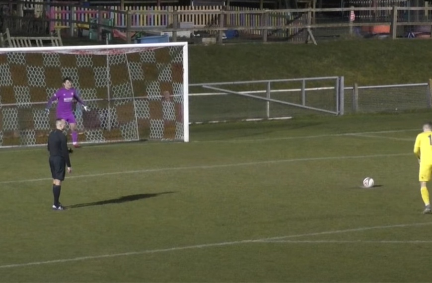 James Shaw scores a penalty for Hassocks in their Sussex RUR Charity Cup shootout win over Steyning Town