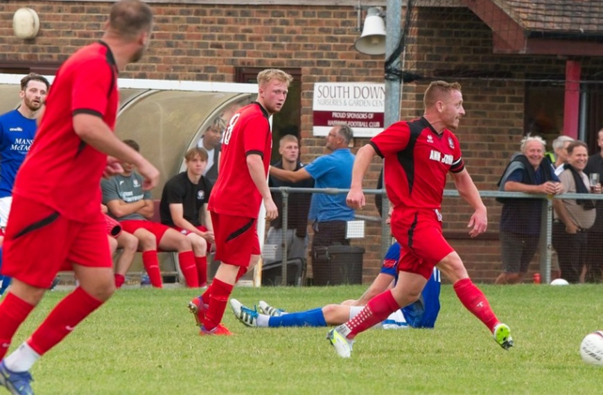 Pat Harding in action for Hassocks during the 2023 Ann John Trophy match against Burgess Hill Town