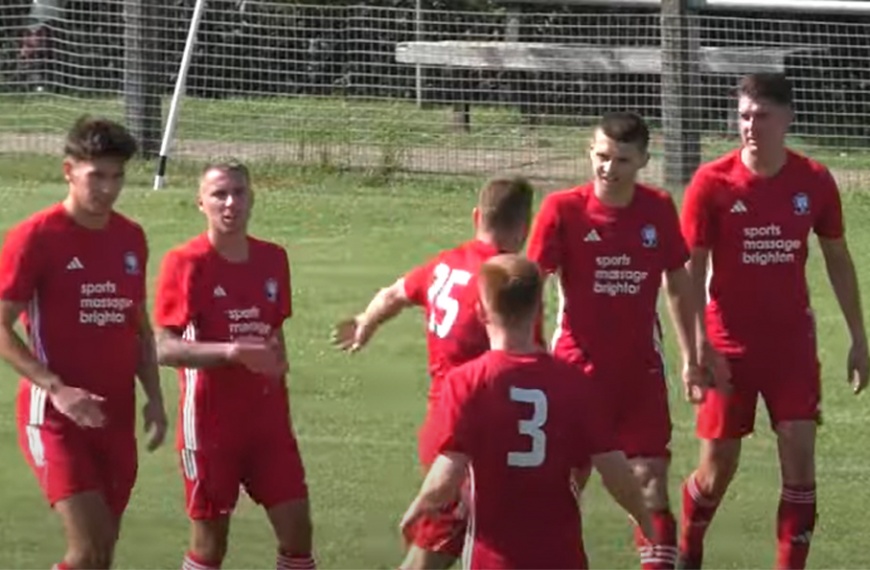 Hassocks celebrate their equaliser against Eastbourne Town on the opening day of the 2023-24 Southern Combination League season