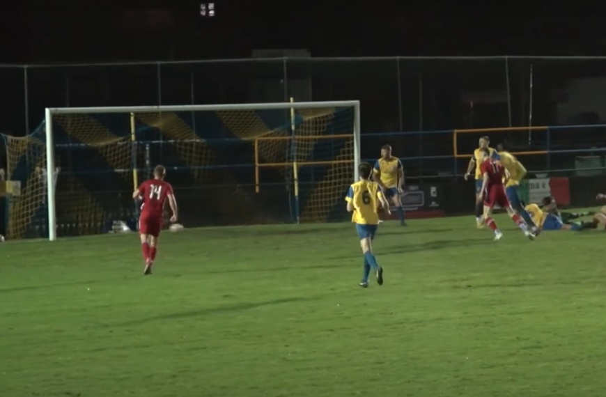 Jamie Wilkes scores the third goal for Hassocks in their 3-0 win at Eastbourne Town