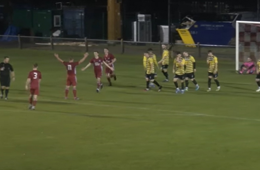 Pat Harding celebrates scoring a free kick as Hassocks played Haywards Heath Town in the Peter Bentley League Cup