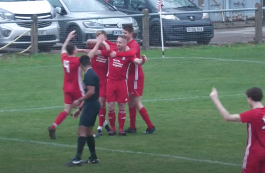 Pat Harding celebrates scoring a rare header for Hassocks in their 4-0 win over Loxwood