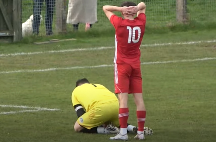 Sean Stephenson is denied by Eastbourne United goalkeeper James Broadbent as Hassocks are held to a 0-0 draw