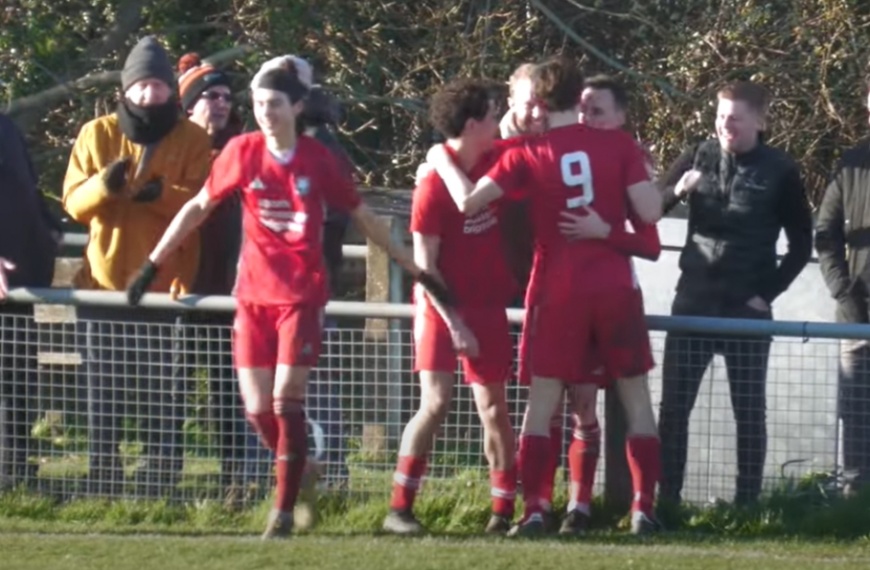 Hassocks celebrate scoring their second goal in a 3-1 win over Crawley Down Gatwick