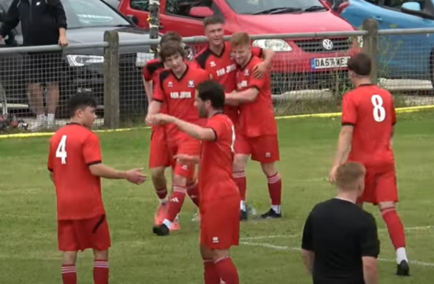 Hassocks celebrate Morgan Vale scoring in the 2024 Ann John Trophy match against Burgess Hill Town