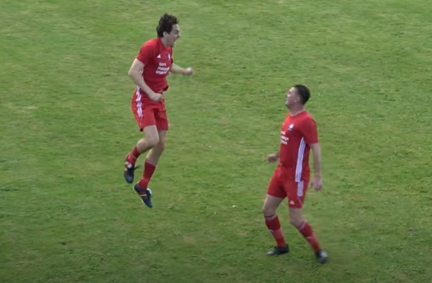 Jack Troak celebrates scoring the winning goal for Hassocks against Satldean United