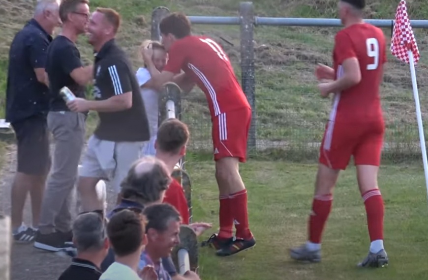 Jack Troak celebrates scoring for Hassocks in their 2-1 win over Bexhill United