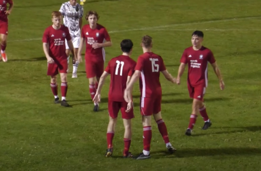 Hassocks celebrate Jack Troak rounding off the scoring in their 2-0 Peter Bentley Cup win over Infinity