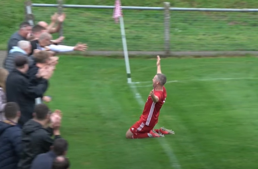 Darren Budd celebrates scoring a 92nd minute free kick winner as Hassocks defeat Peacehaven & Telcombe 2-1