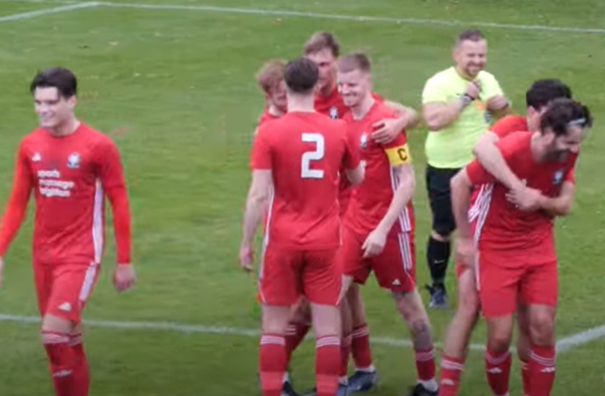 Hassocks celebrate scoring their fourth goal in their 5-0 win over Newhaven