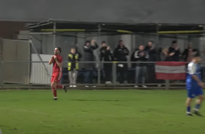 Alex Fair celebrates scoring for Hassocks against Shoreham in the Peter Bentley League Cup