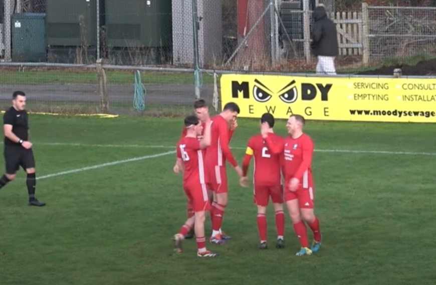 Hassocks celebrate Charlie Pitcher scoring in their 6-0 win over Lingfield