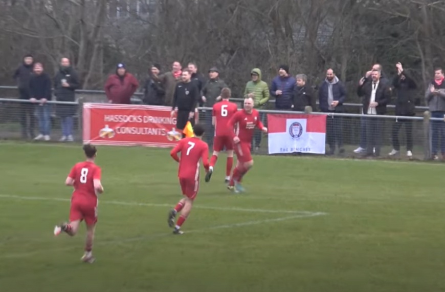 Charlie Pitcher celebrates scoring for Hassocks in their 3-1 home defeat against Roffey